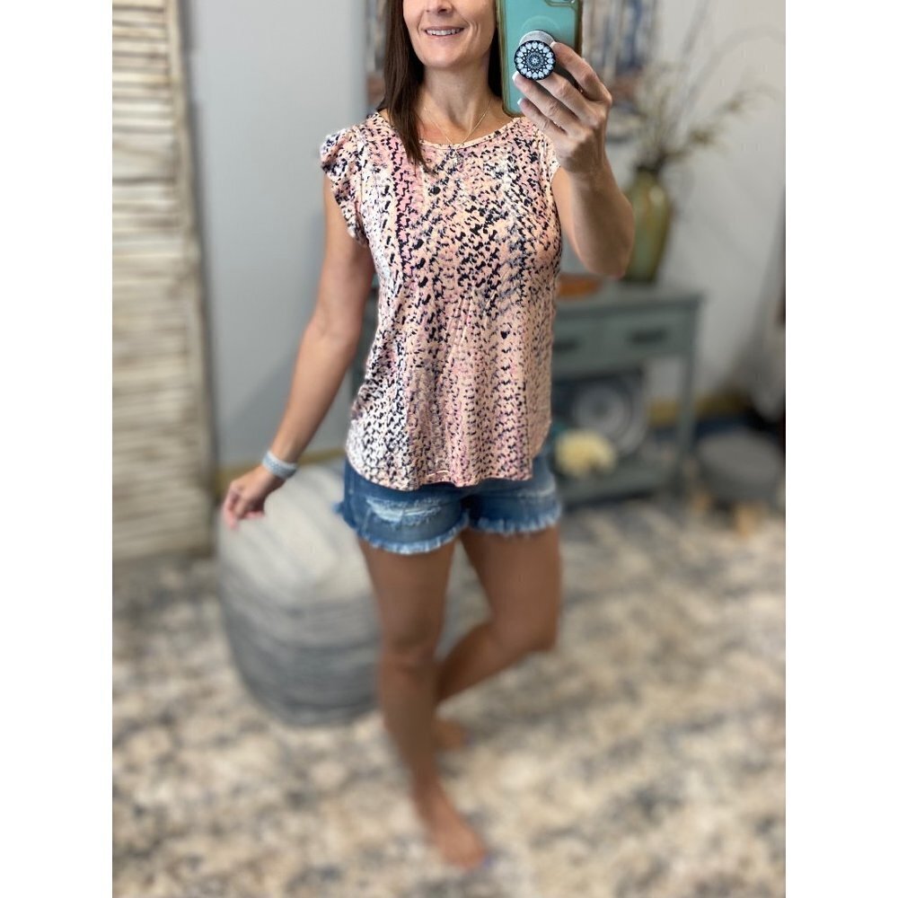 ❤️‍🔥NEW Snake Print Short Flutter Sleeve Round Neck Top Pink Black 4321